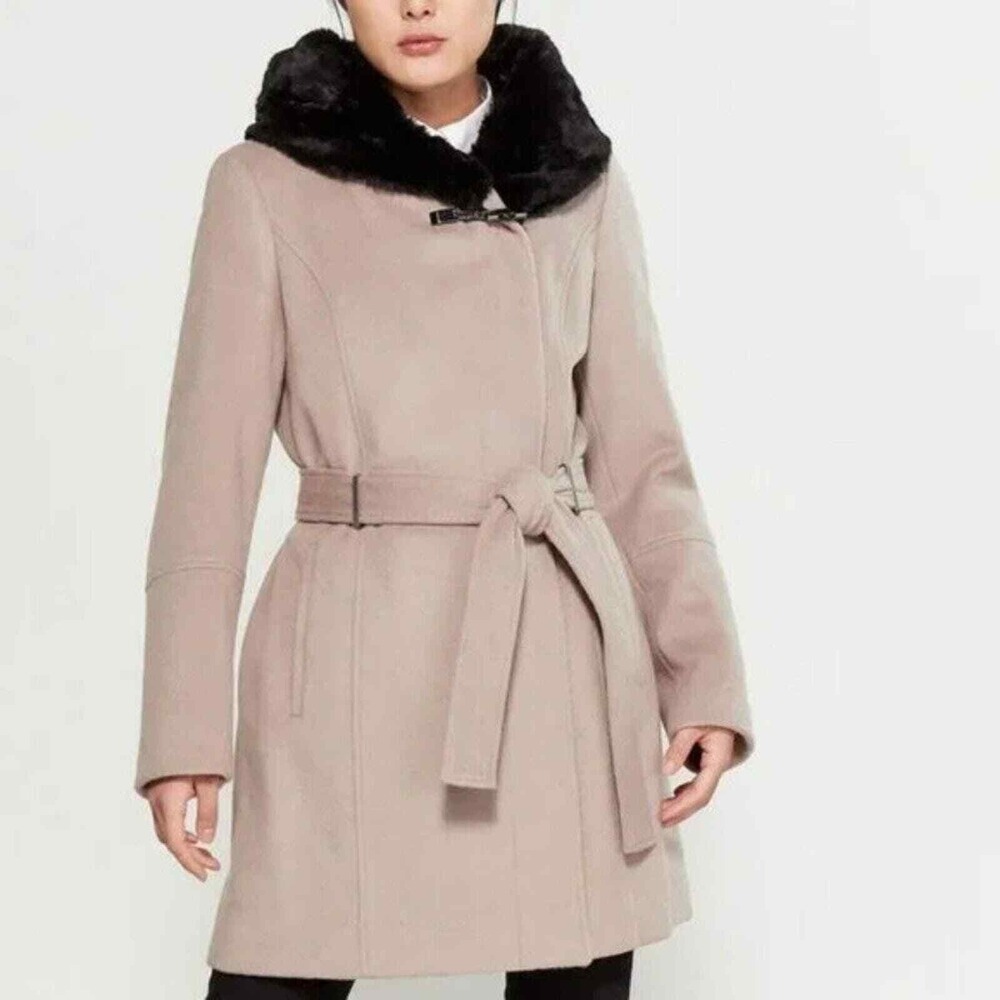 Calvin Klein Thistle Faux Fur-Trimmed Wool Blend‎ Belted Walker Coat plus  XXL